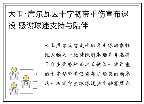 大卫·席尔瓦因十字韧带重伤宣布退役 感谢球迷支持与陪伴